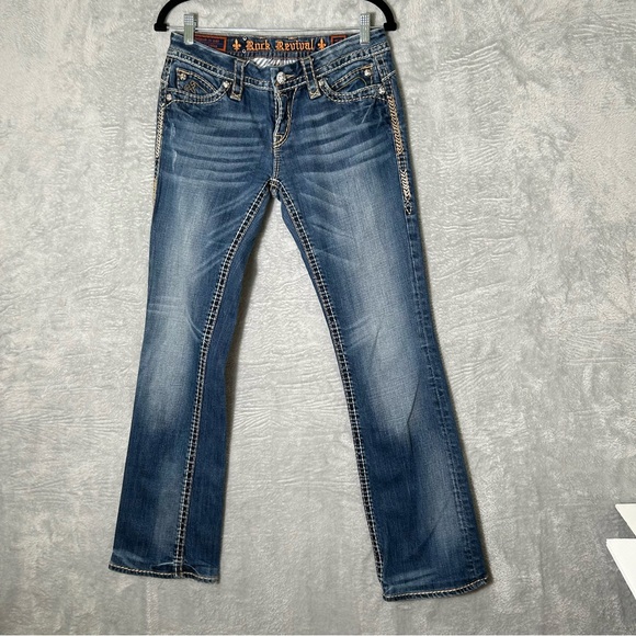 Rock Revival Anja Boot Jeans Womens Size 28 Embroidered Distressing Blue Denim - Picture 1 of 16